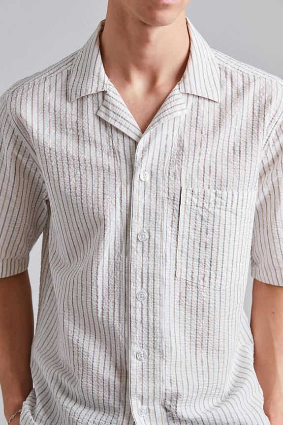 Oscar Jacobson Reg Fit Cuban SS Striped Seersucker Shirt Snow White-3