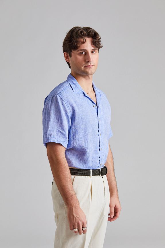 Stenströms Fitted Body Short Sleeve Linen blue-1