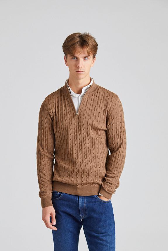 Stenströms Cable Knit Merino Half Zip Light Brown