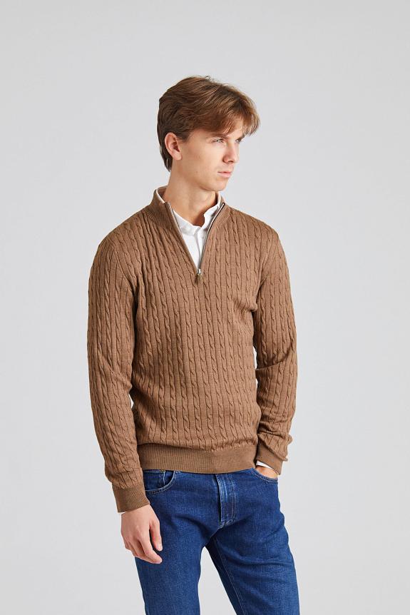 Stenströms Cable Knit Merino Half Zip Light Brown-2