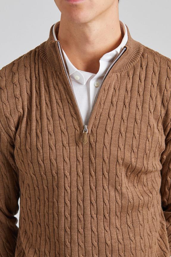 Stenströms Cable Knit Merino Half Zip Light Brown-4