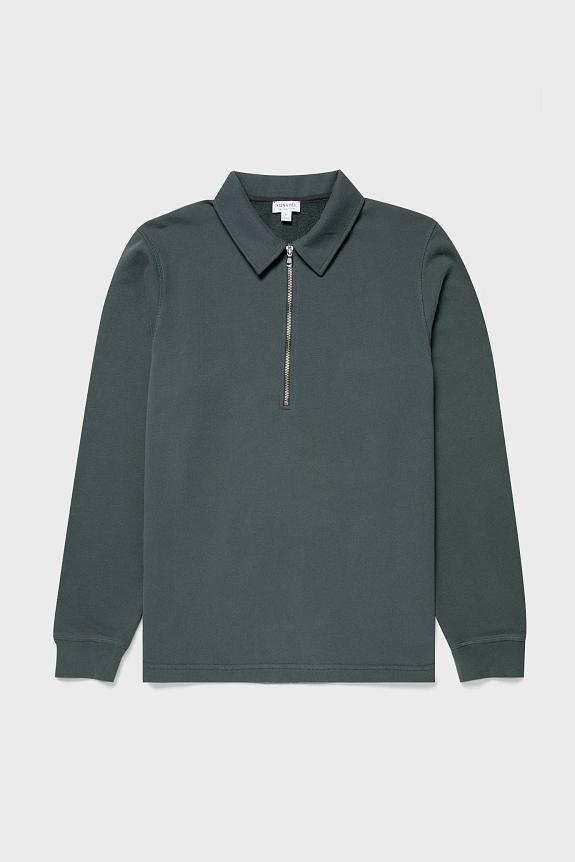 Sunspel Zip Polo Sweatshirt Drill Green