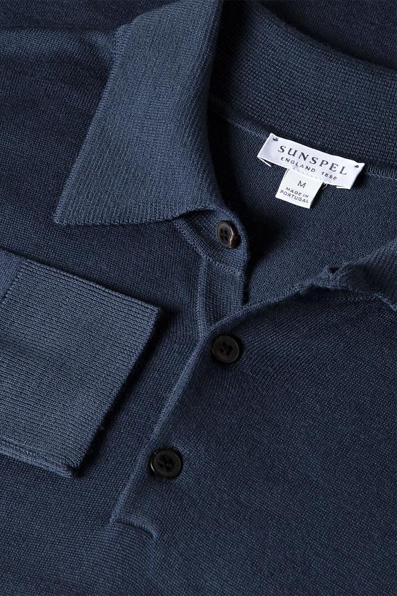 Sunspel Merino LS Polo Shirt Slate Blue