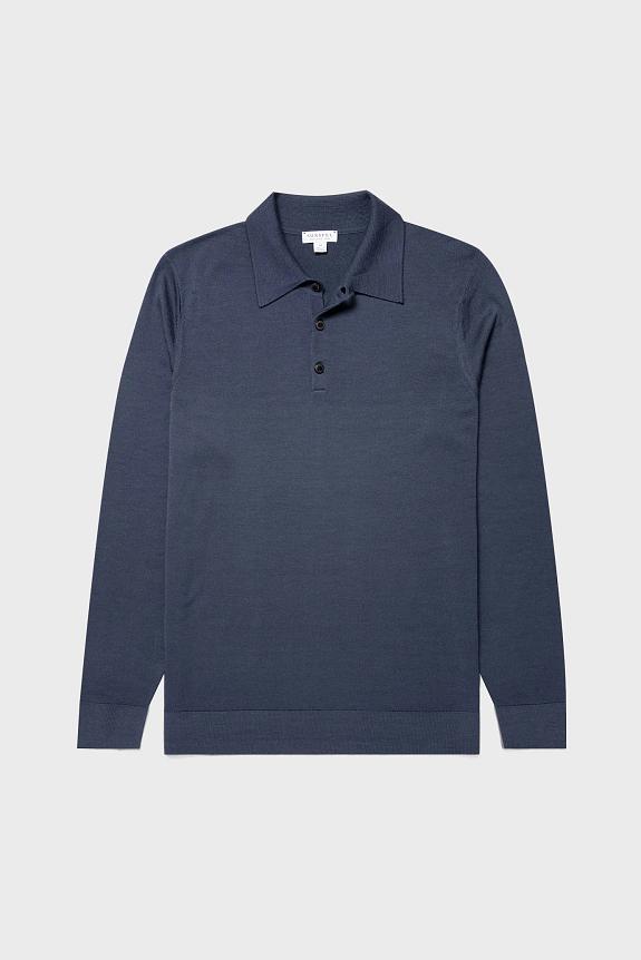 Sunspel Merino LS Polo Shirt Slate Blue