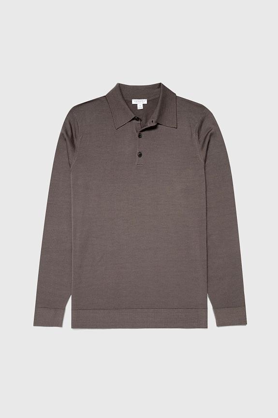 Sunspel Merino LS Polo Shirt Cedar