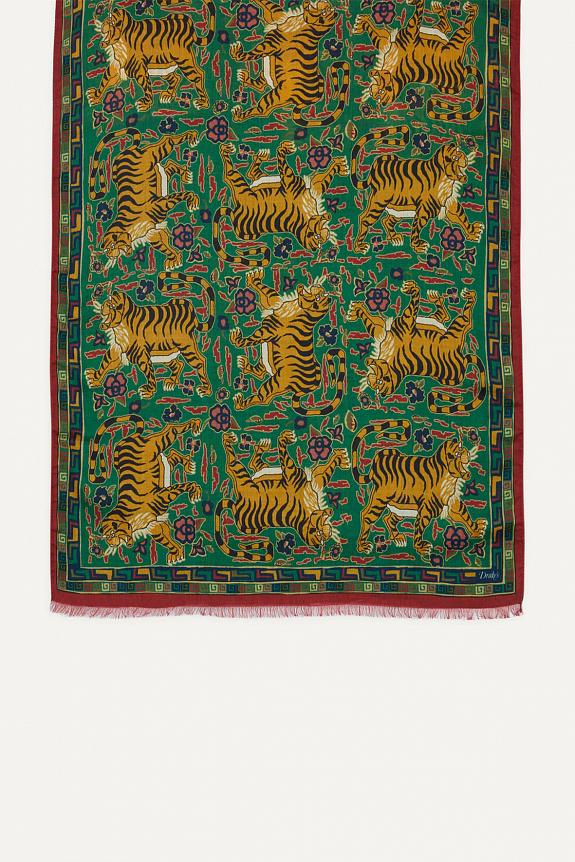 Drakes Tiger Print  Wool Silk Scarf Green-1