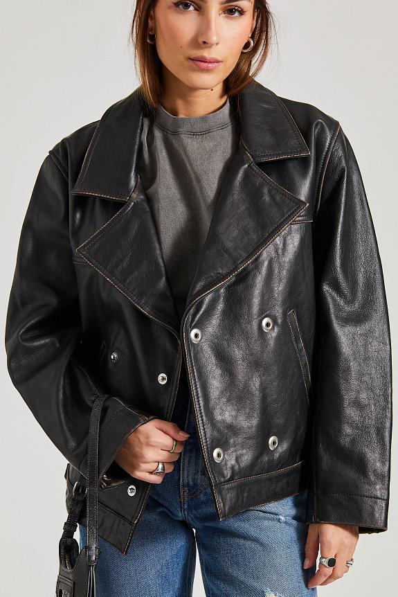 Victoria Beckham Oversized Leather Jacket Black/Taupe-2